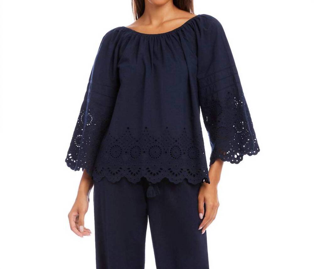 NEW KAREN KANE flare sleeve embroidered scallop edge peasant top in navy